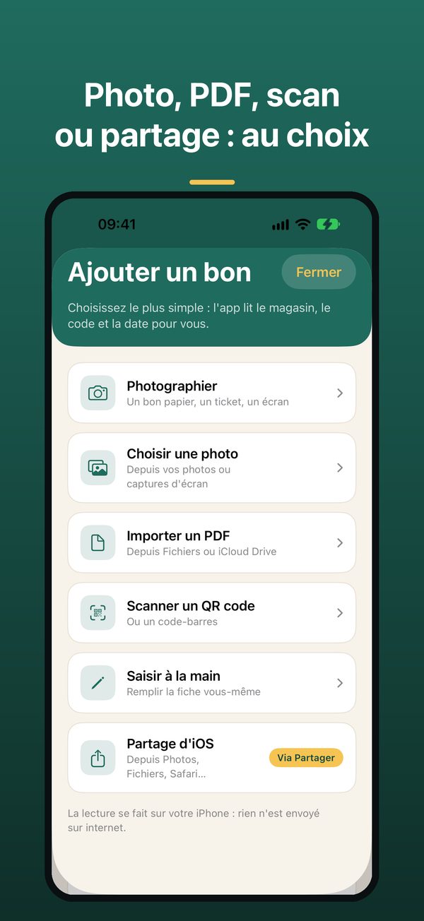 Ajouter un bon : photo, PDF, scan ou saisie à la main