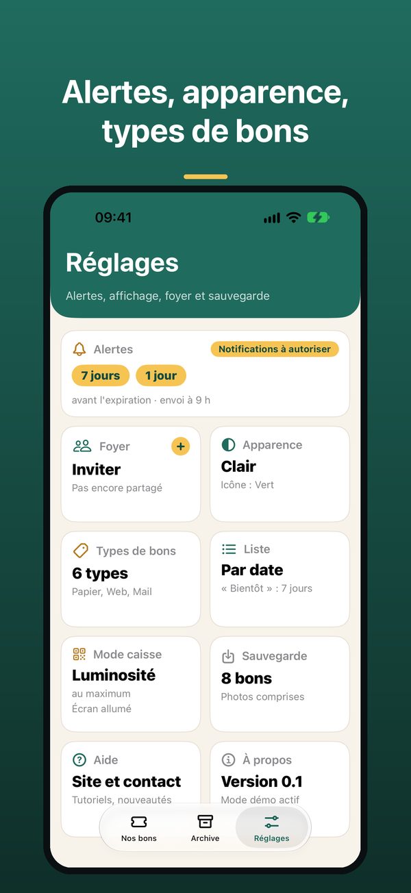 Les réglages : alertes, apparence, types de bons, foyer