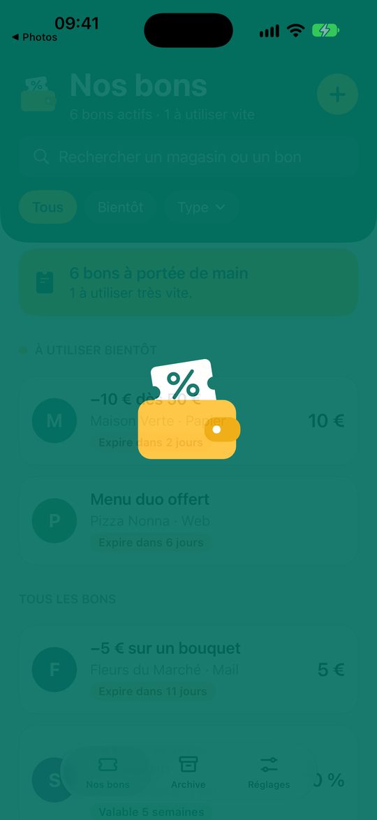 La liste des bons dans Nos Bons, avec leur date d’expiration